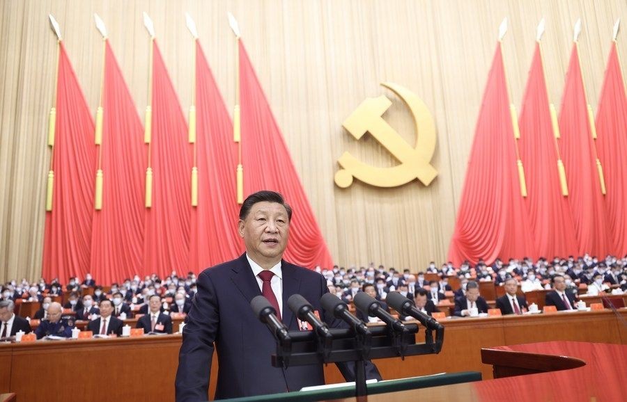 Xi Jinping delivers a report to the 20th CPC National Congress on behalf of the 19th CPC Central Committee at the Great Hall of the People in Beijing, Oct. 16, 2022. (Xinhua/Ju Peng/IANS)